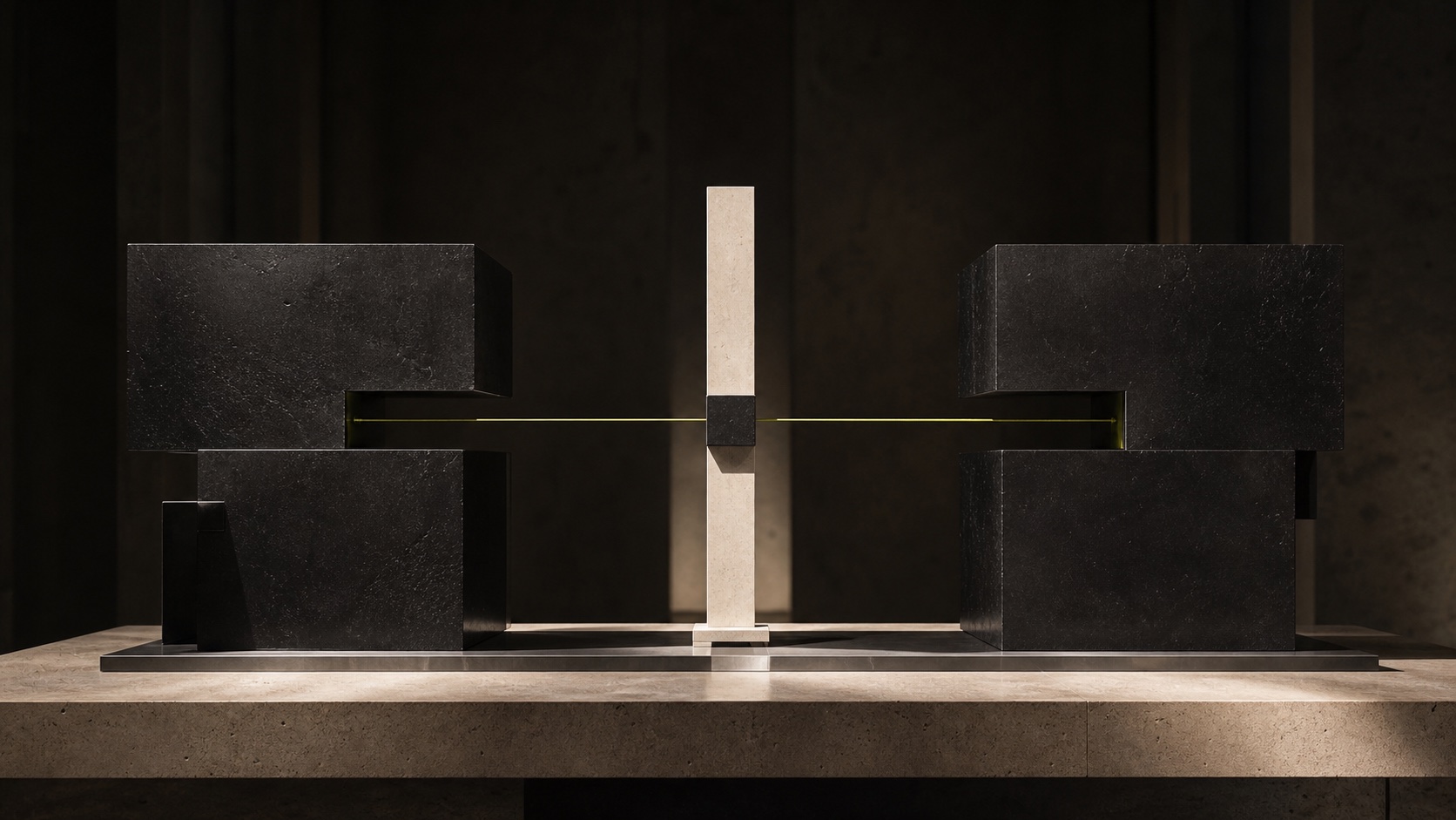 Two obsidian structures resolving around one ivory axis and a precise chartreuse signal.