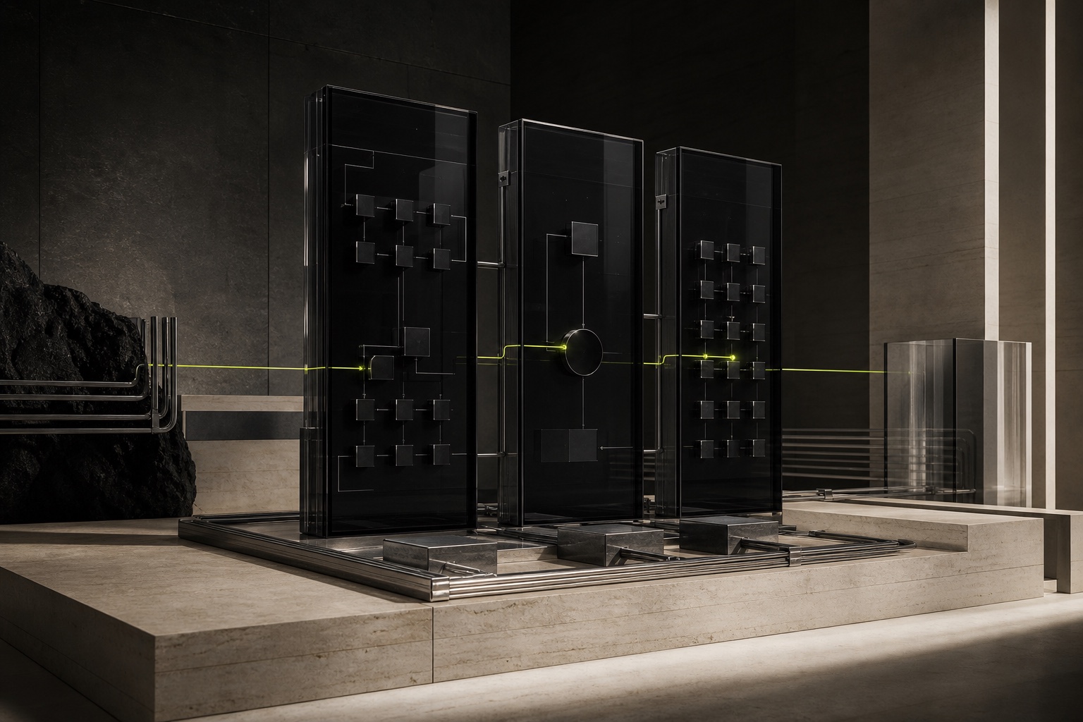 A sculptural digital infrastructure installation with black glass system portals connected by a chartreuse signal line.