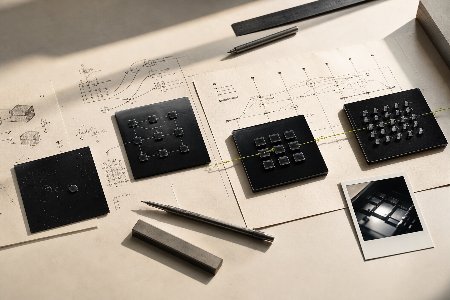 An editorial product architecture study with black interface tiles, journey maps, and a chartreuse routing thread.